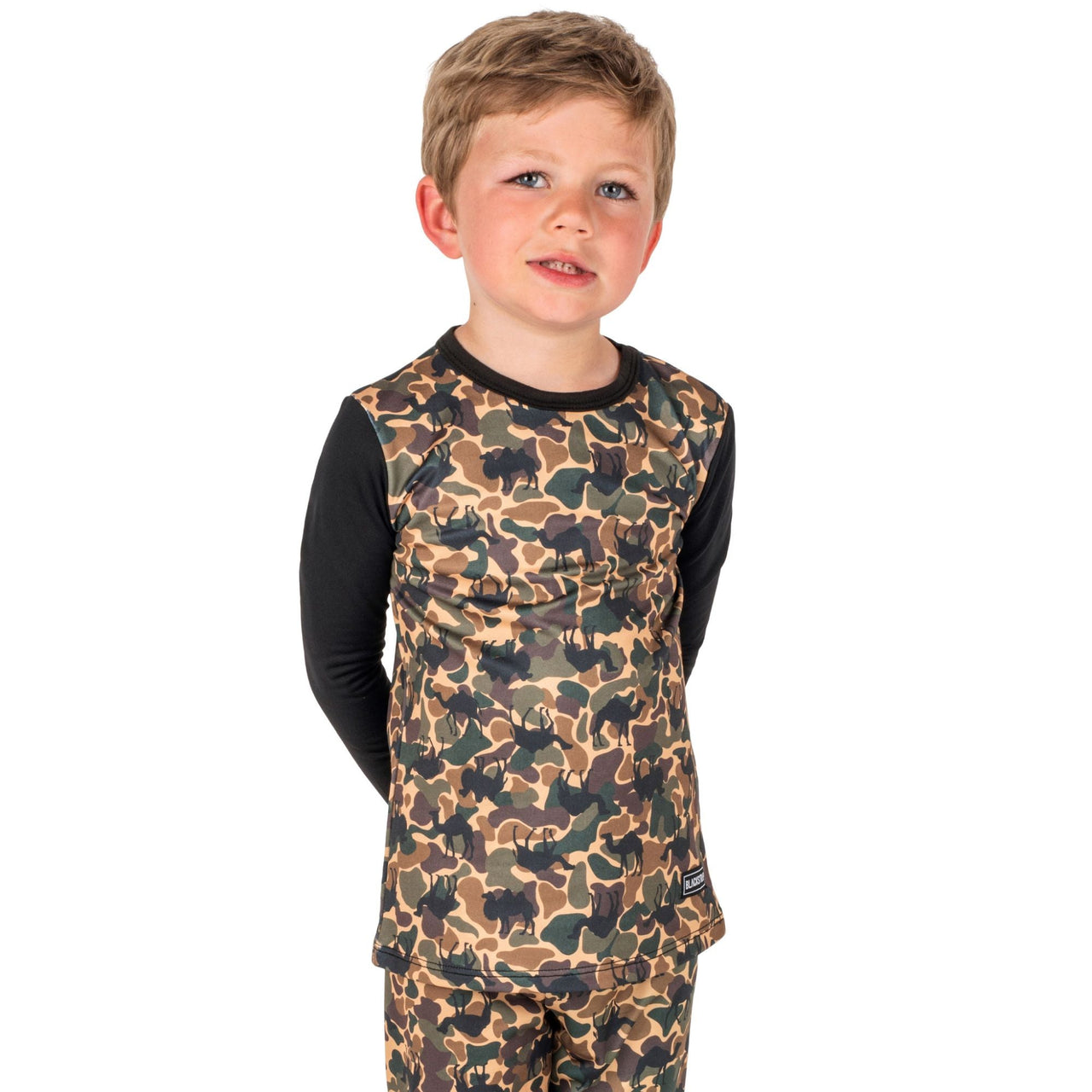 Youth therma baselayer top with tan-and-brown camo print and black long sleeves
