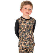 Youth therma baselayer top with tan-and-brown camo print and black long sleeves
