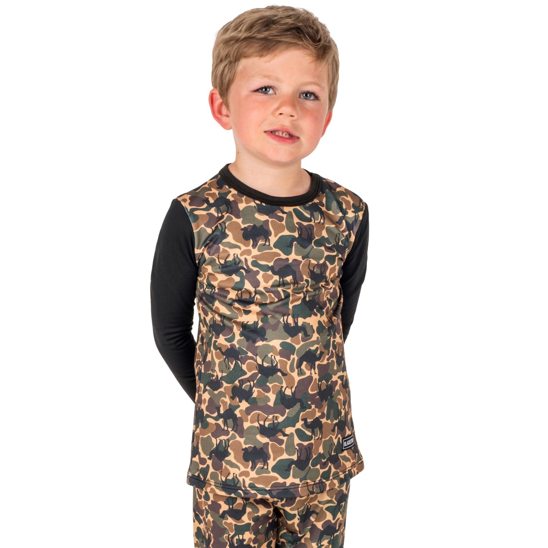 Youth therma baselayer top with tan-and-brown camo print and black long sleeves