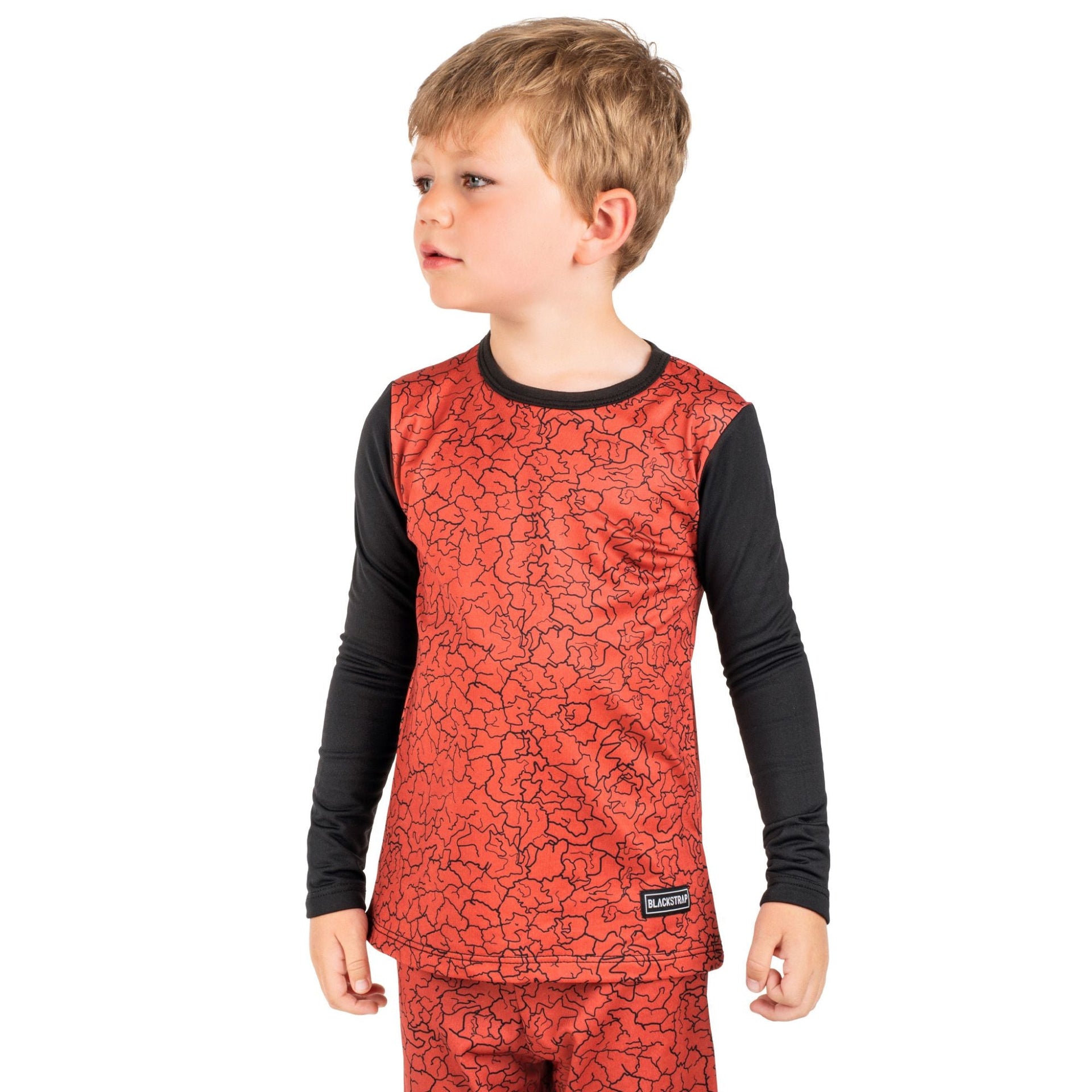 Youth therma baselayer top, red crackle graphic with black long sleeves