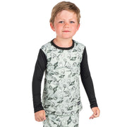 Youth therma baselayer top with light gray animal-face print and black long sleeves