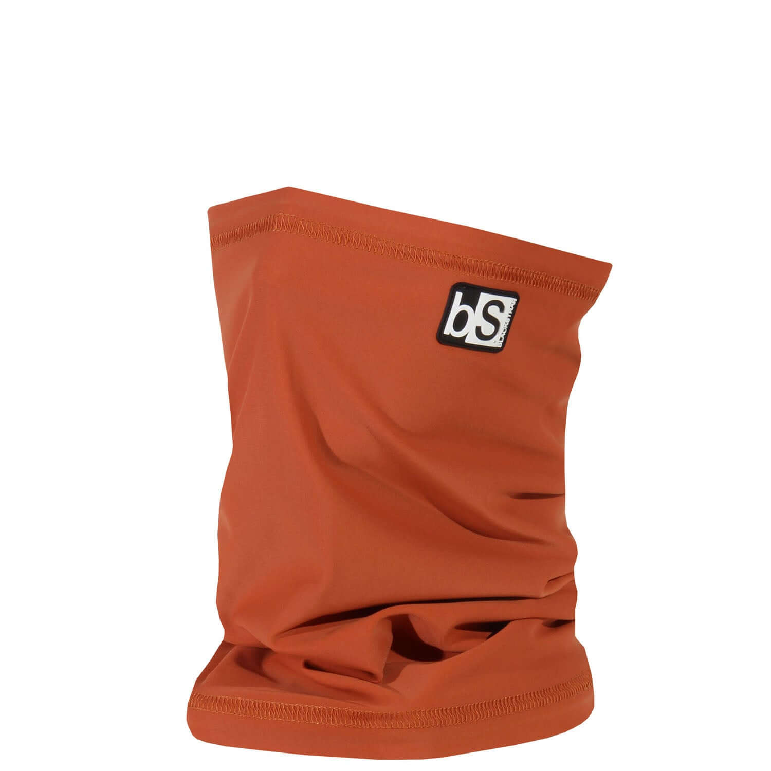 Tube scarf, logo and seam edges visible on front, dark pattern