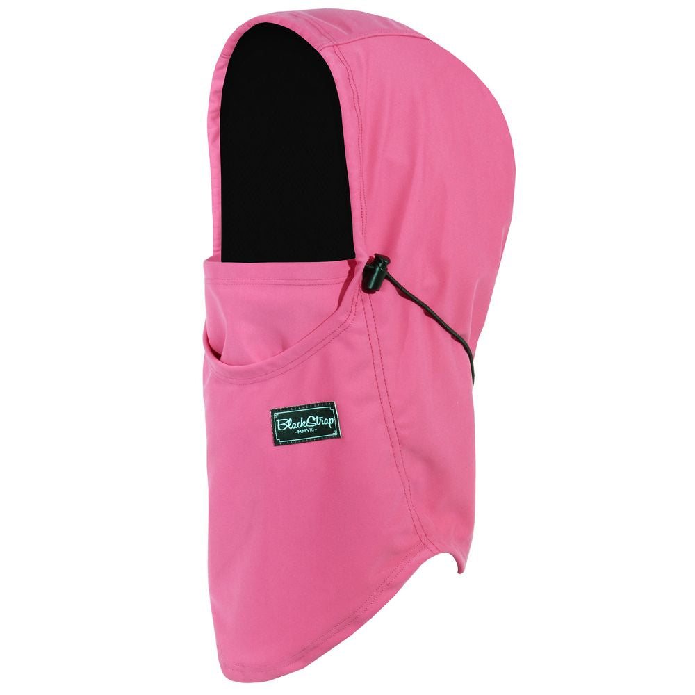 Pink hooded team garment with black inner hood, drawcord, and logo patch