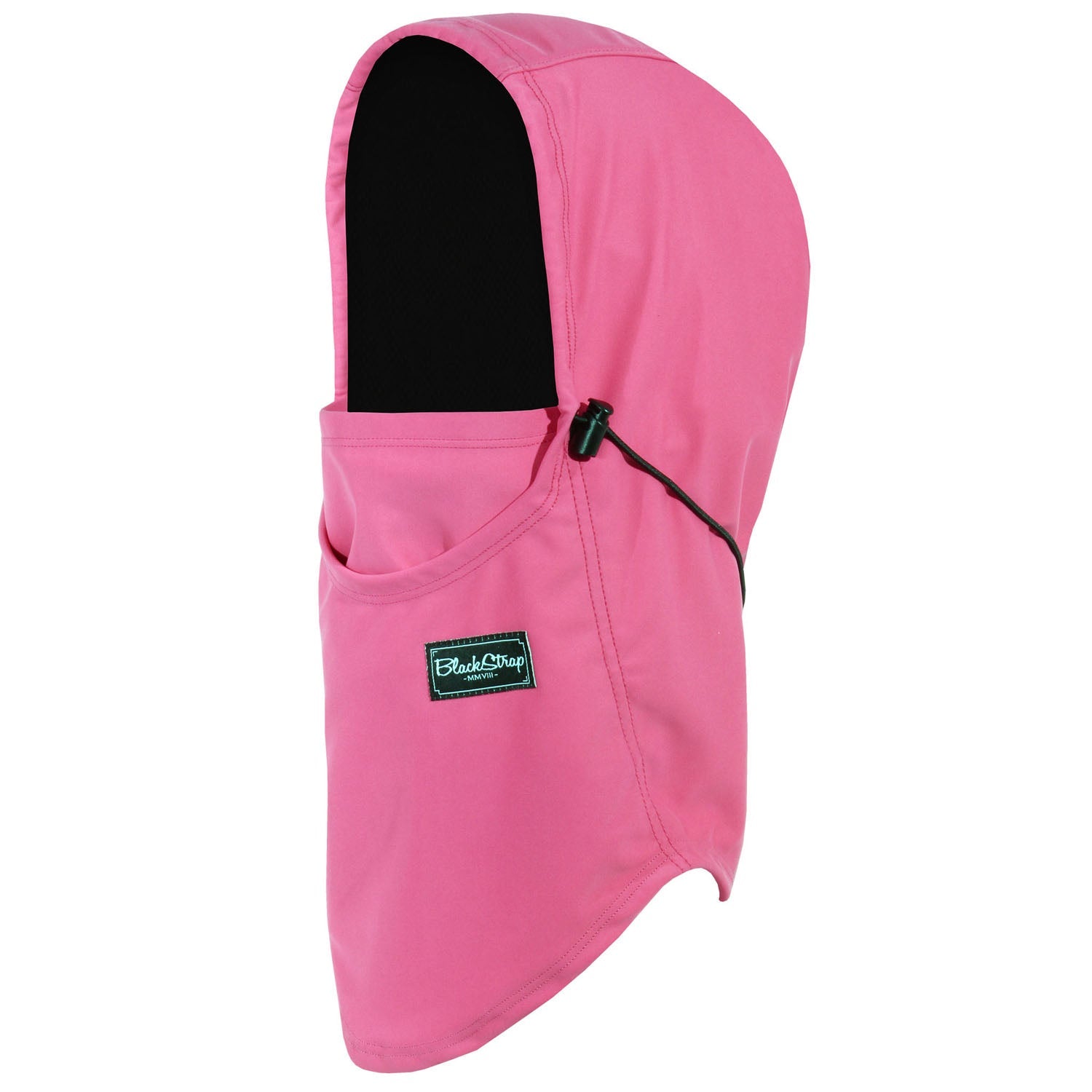 Pink hooded team garment with logo patch and drawcord at the face opening