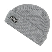 Gray knit beanie with folded cuff and Blackstrap logo patch