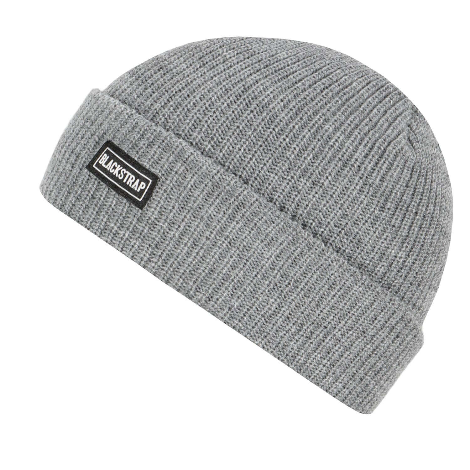 Gray knit beanie with folded cuff and Blackstrap logo patch