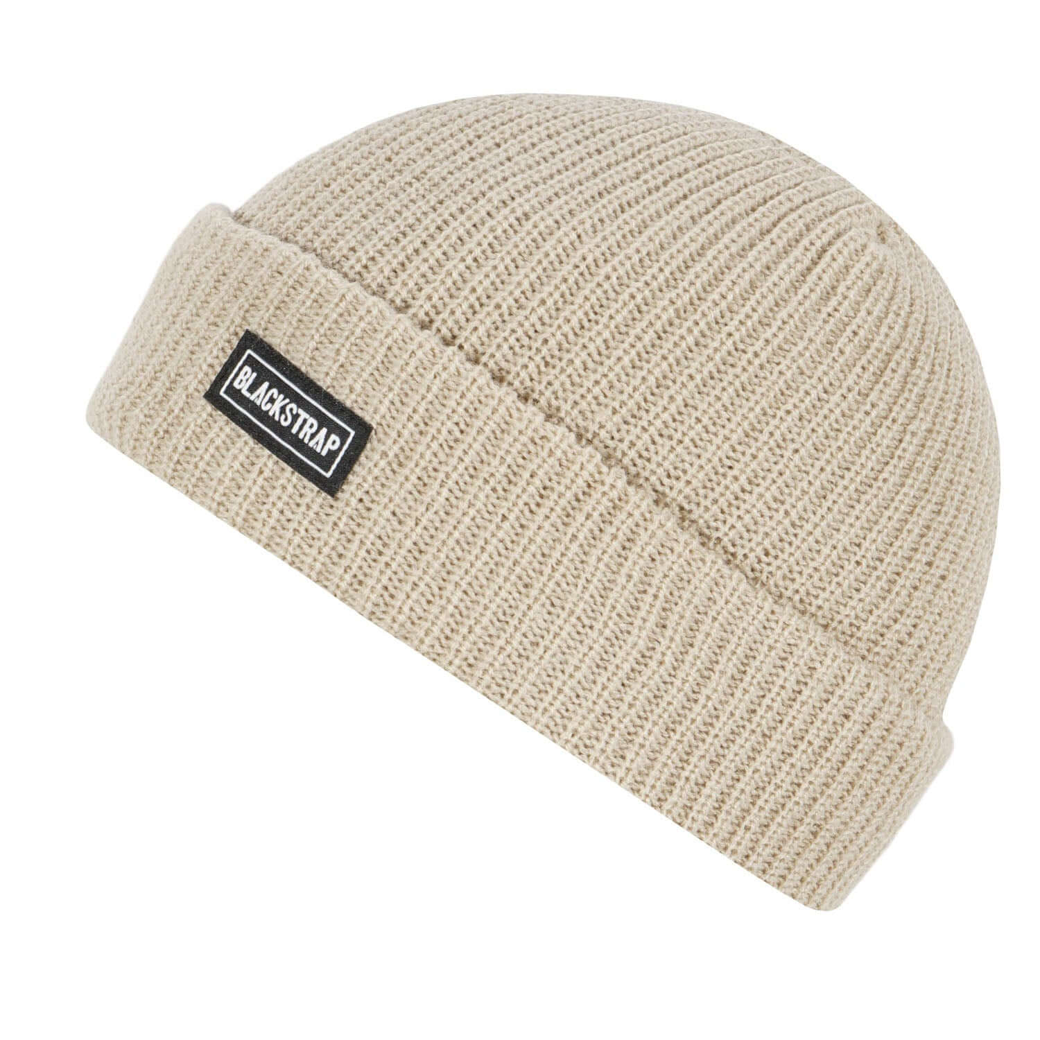 Stone beige knit beanie with folded cuff and Blackstrap logo patch