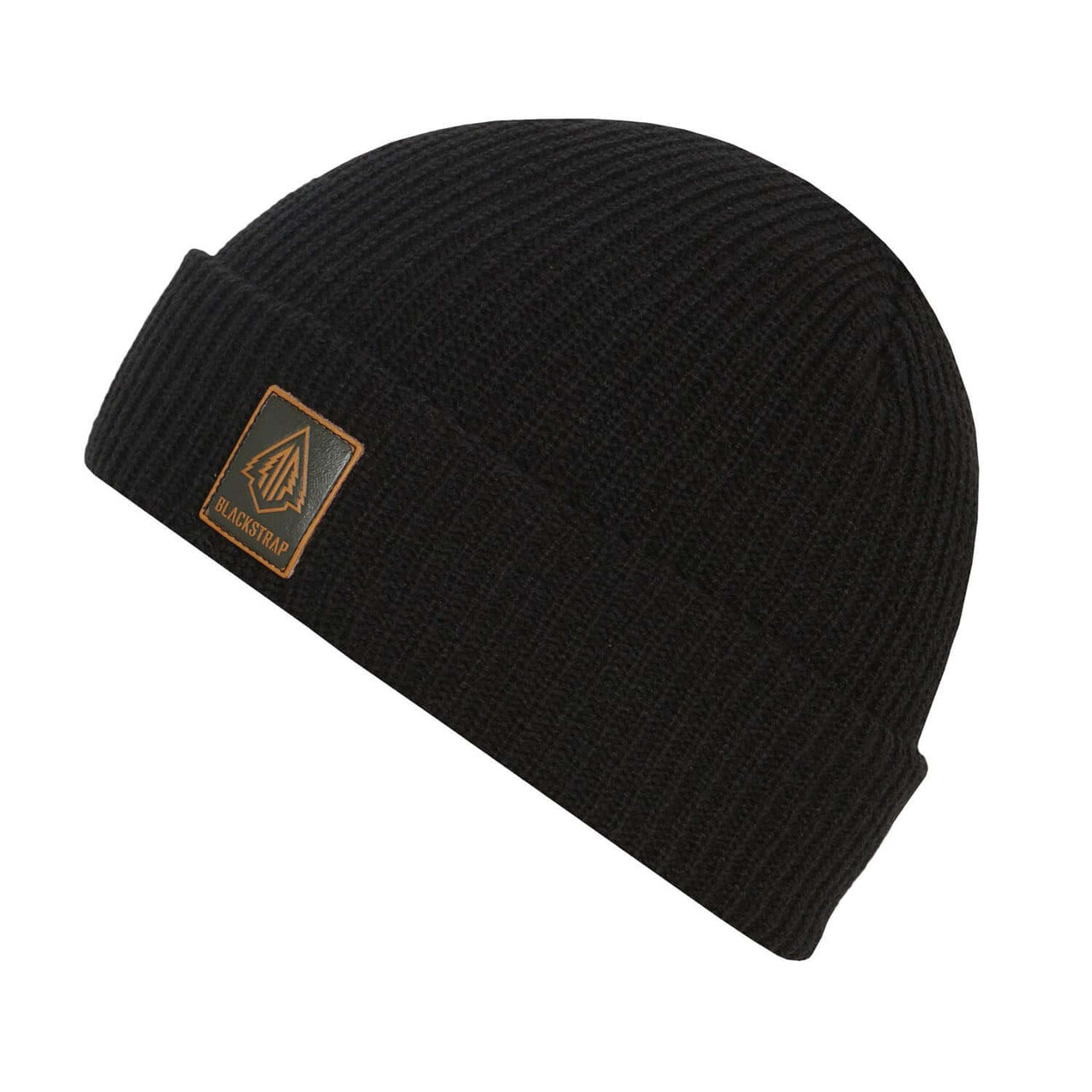 Black rib-knit beanie with triangular logo patch on cuff