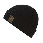 Black rib-knit beanie with triangular logo patch on cuff