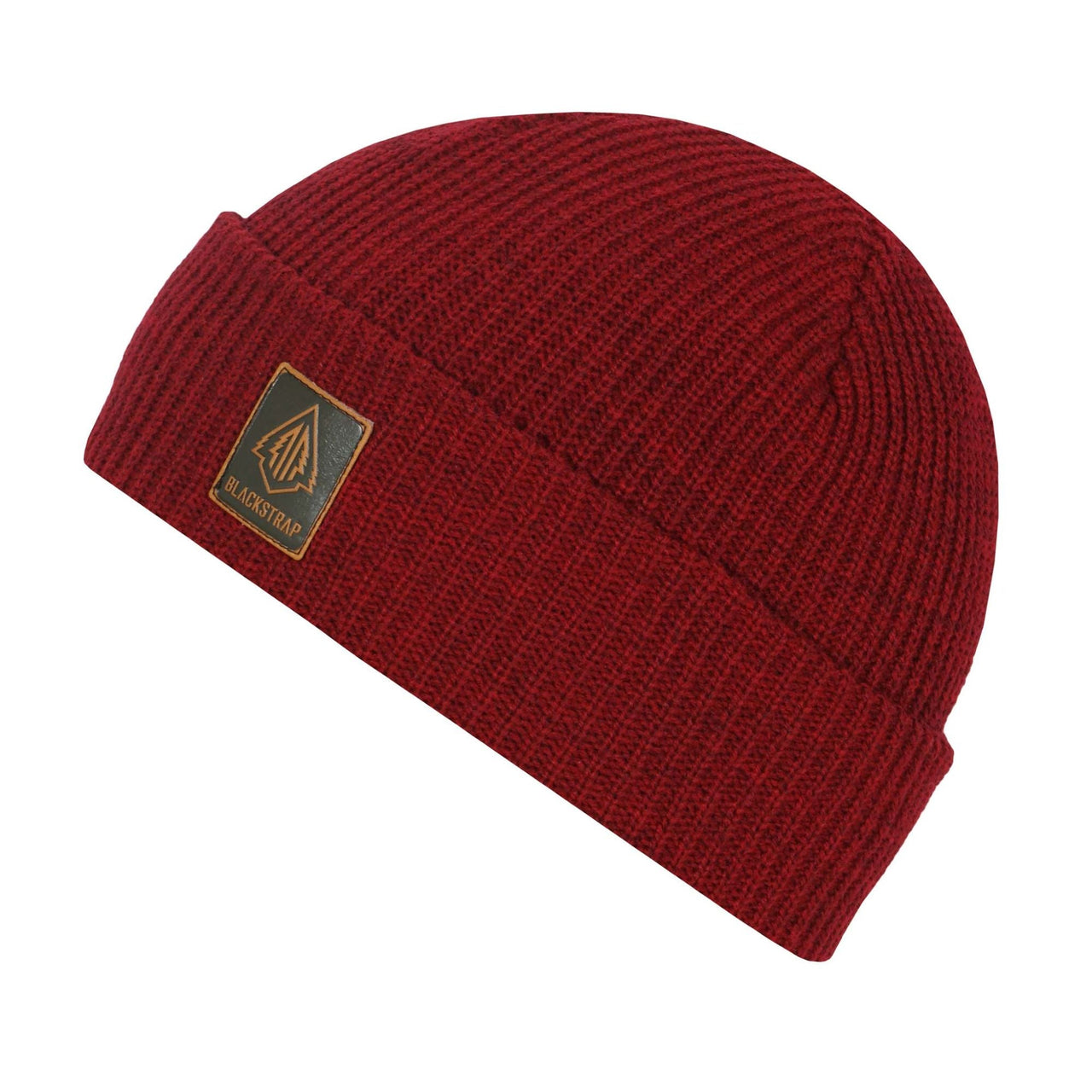 Heathered red rib-knit beanie with triangular Blackstrap logo patch on cuff