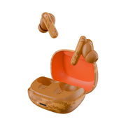 Washed tan SkullCandy Smokin' Buds earbuds in open charging case