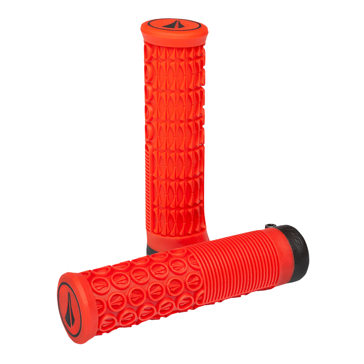 Red bike lock-on grips with knurled texture and oval-pattern grip section