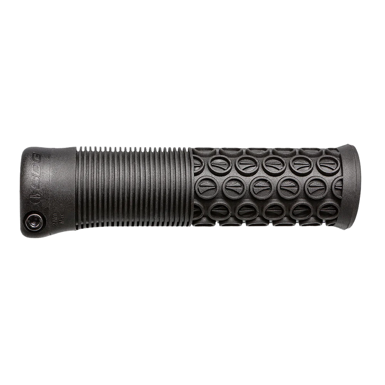 Black bike lock-on grips with knurled texture and oval-pattern grip end cap