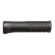 Black bike lock-on grips with knurled texture and oval-pattern grip end cap