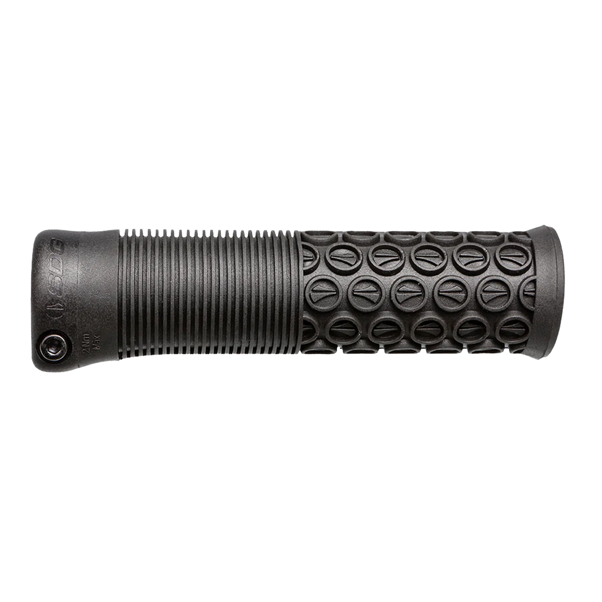 Black bike lock-on grips with knurled texture and oval-pattern grip end cap