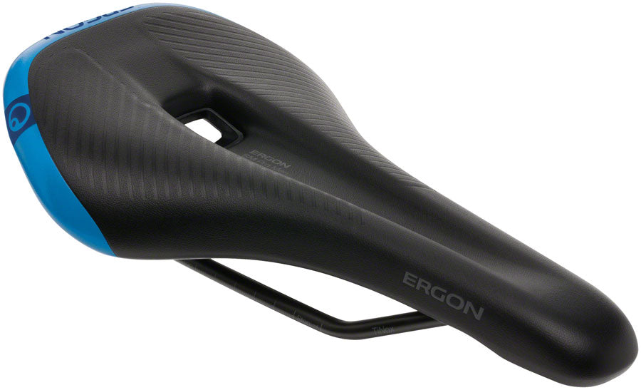 Ergon SM Pro road bike saddle, black with blue accents and center cutout