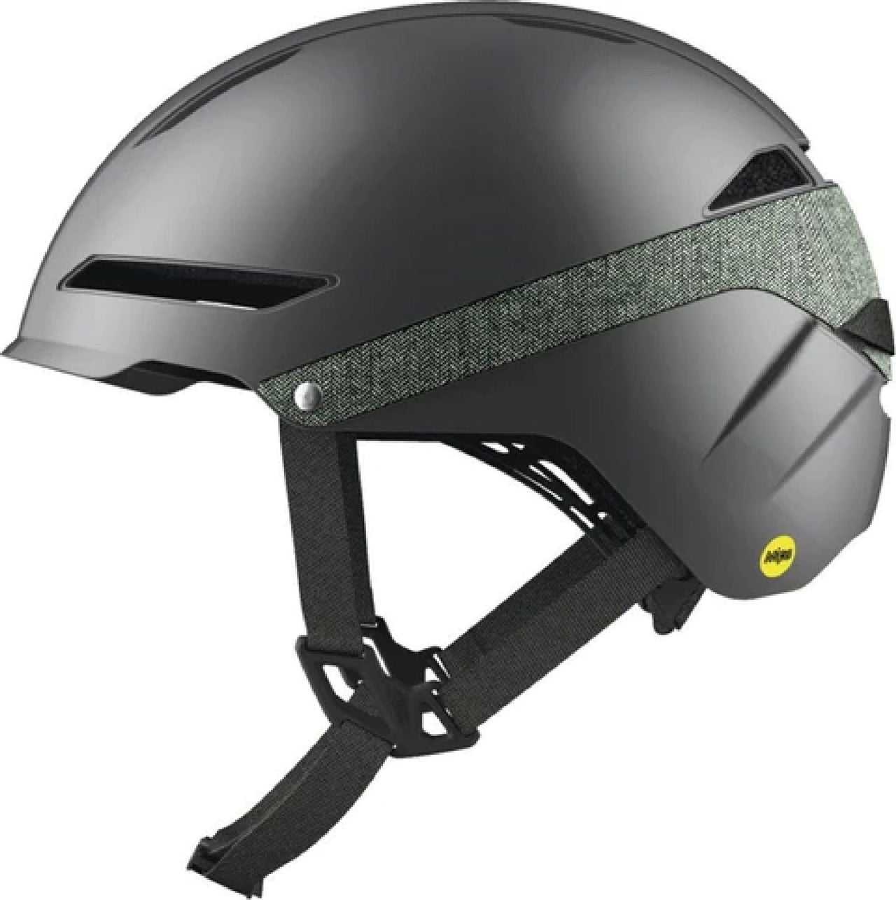 Scott Torus Plus helmet with matte dark shell and metallic gray tweed strap band
