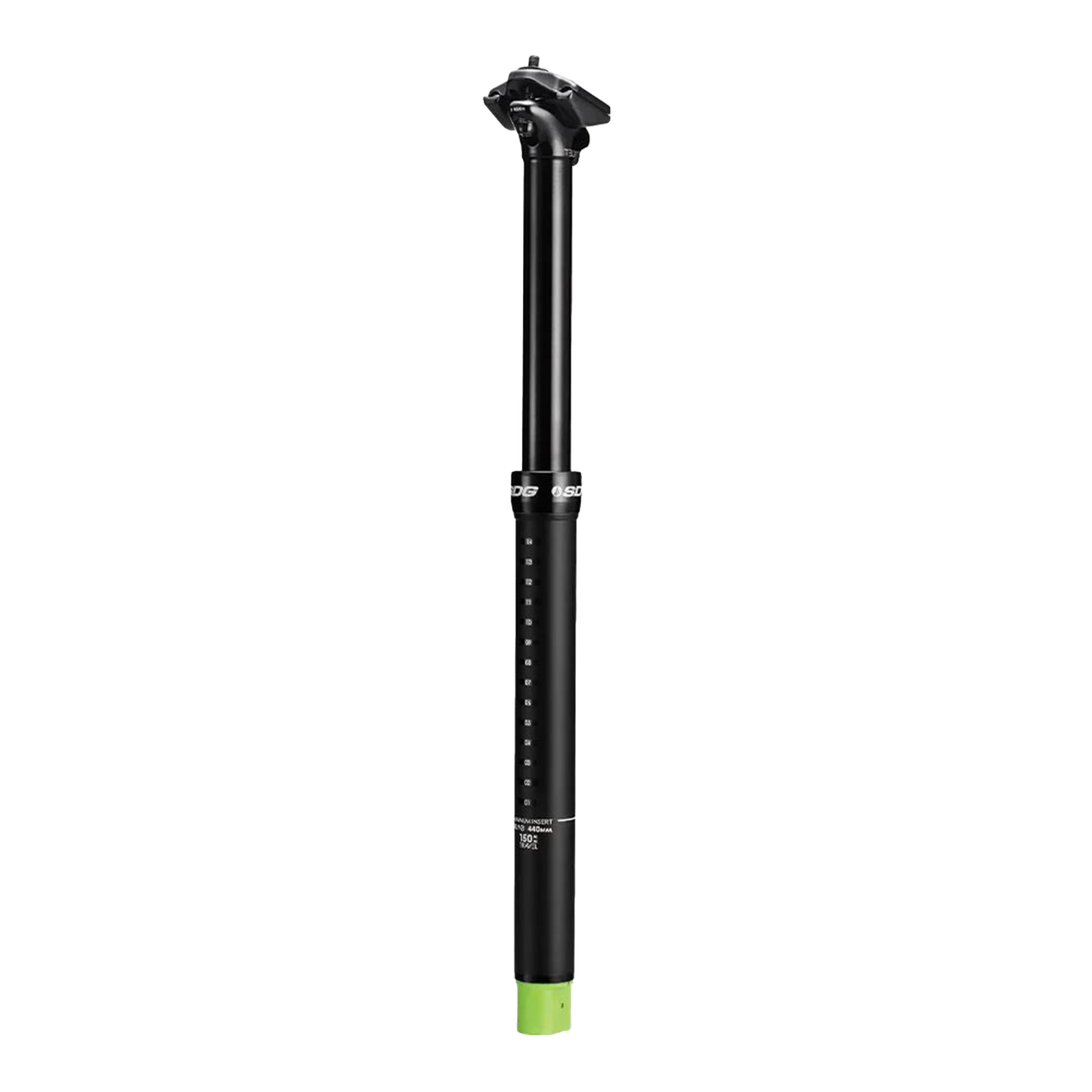 SDG dropper seatpost in black with seat clamp and green indicator band