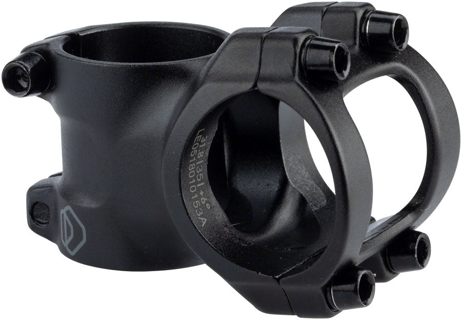 Black aluminum handlebar stem clamp with two-bolt face and curved band