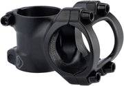 Black aluminum handlebar stem clamp with two-bolt face and curved band