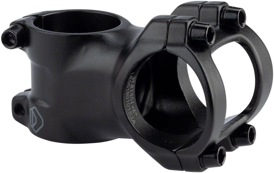 Black aluminum bicycle handlebar stem with clamp and mounting bolts