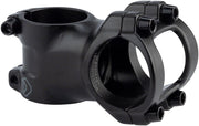 Black aluminum bicycle handlebar stem with clamp and mounting bolts