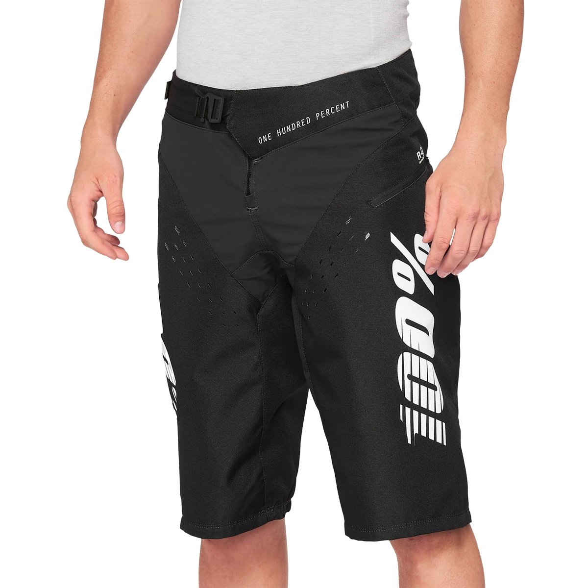 Black men's R-Core shorts with belt loops, zip fly, and large side logo print