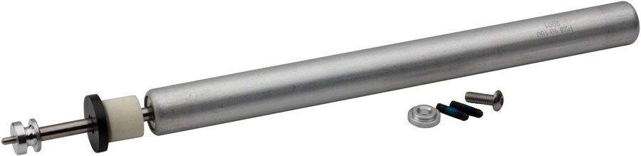 Silver bike dropper cartridge with black end cap and small mounting screws