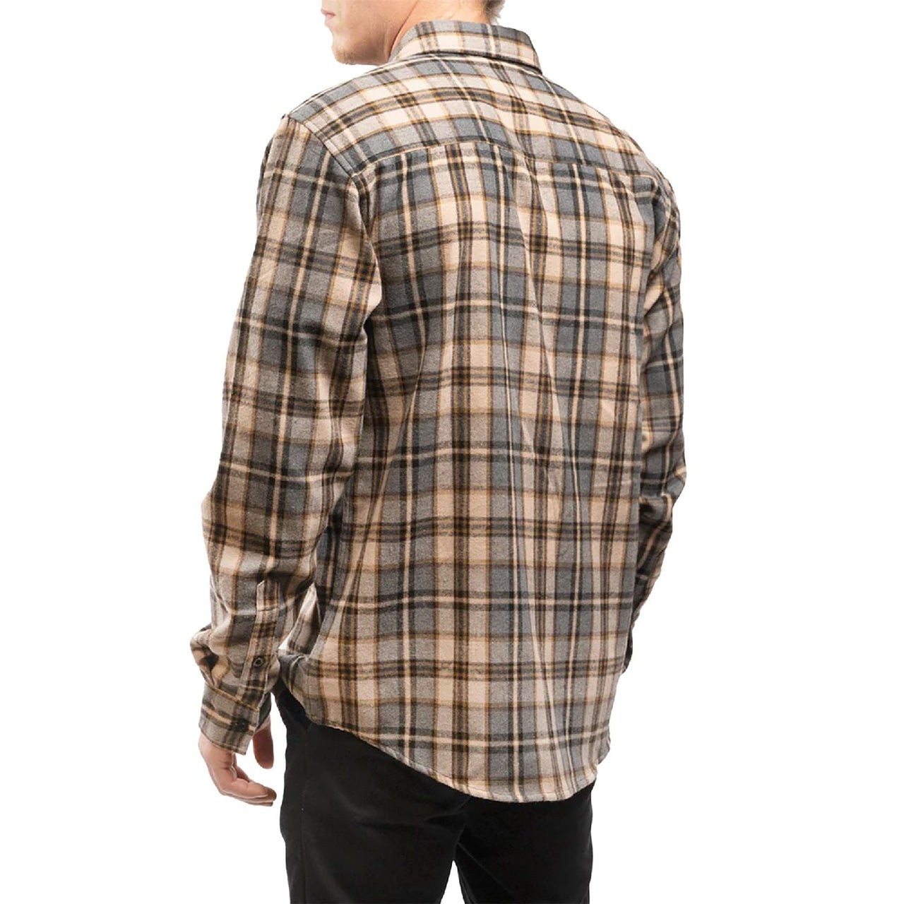 Men’s plaid flannel button-up shirt, long sleeves, beige and dark check pattern