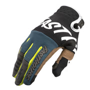 Black and teal motorcycle riding glove with brown wrist strap and white graphics