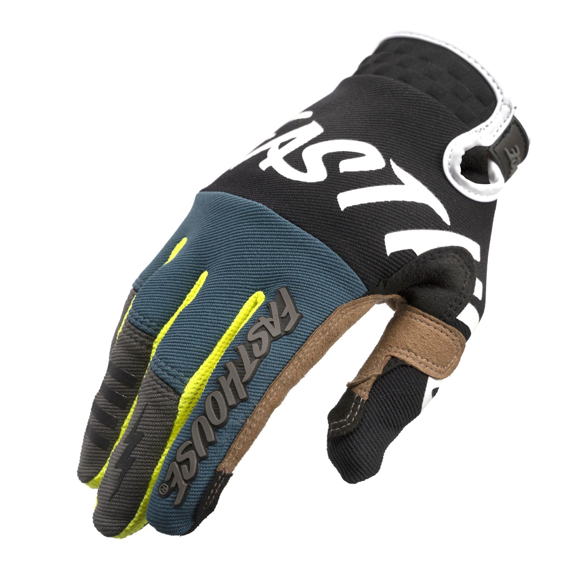 Black and teal motorcycle riding glove with brown wrist strap and white graphics