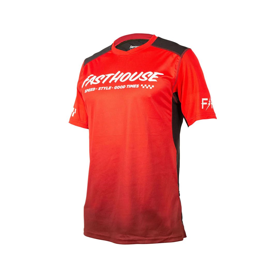 Youth short-sleeve motocross jersey in red with black panels and front logo