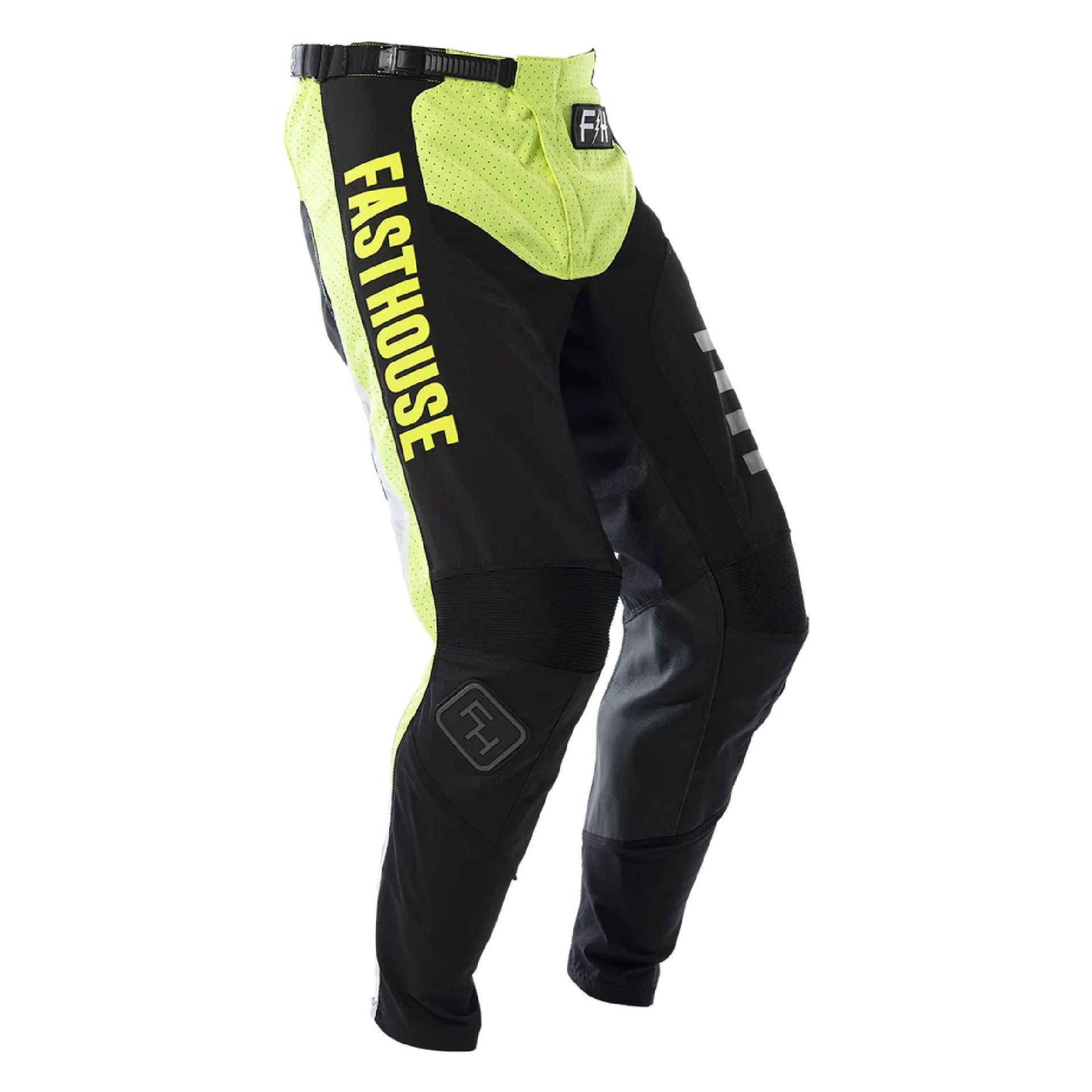 Hi-viz yellow and black motocross pants with Fasthouse lettering and side stripe graphic