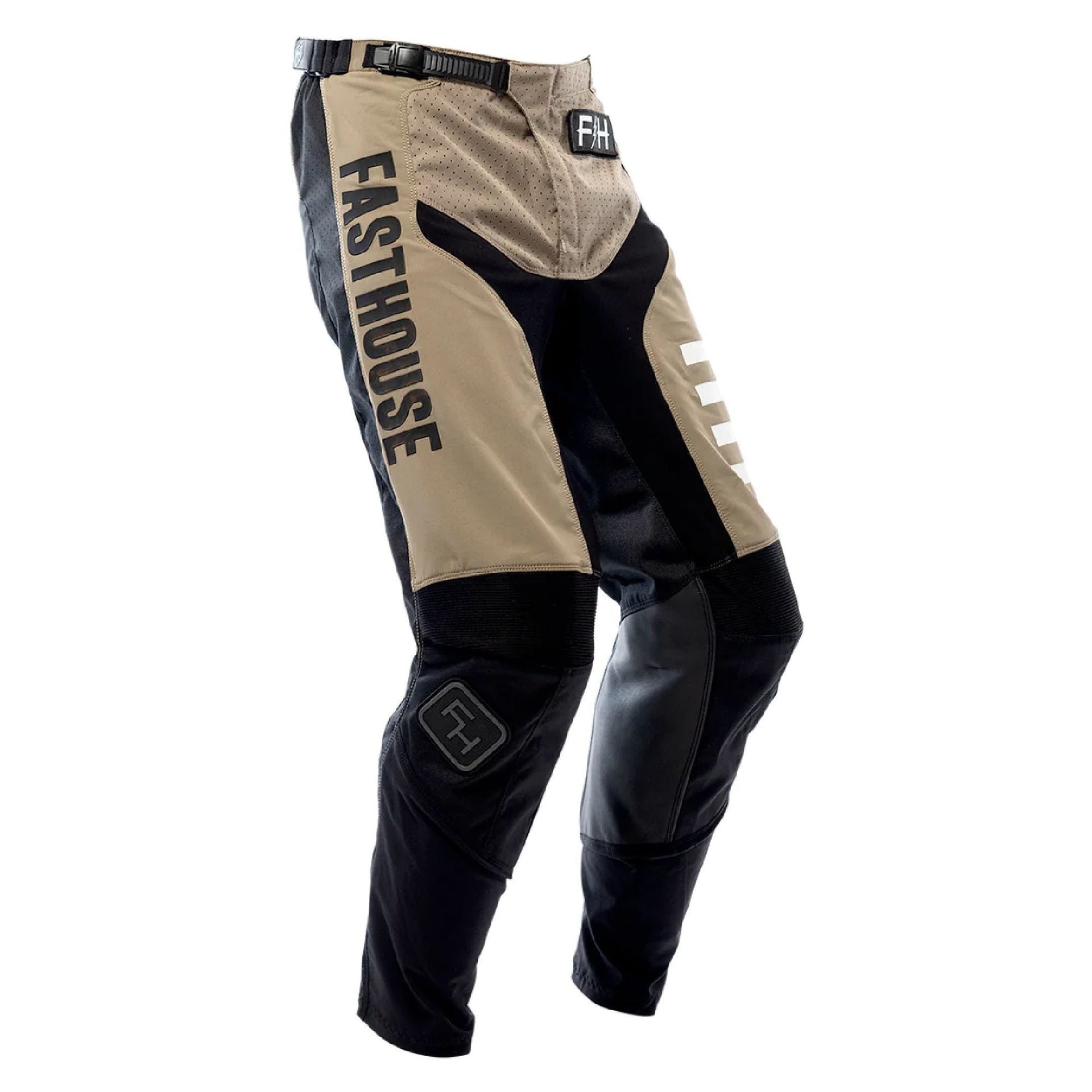 Tan and black motocross pants with Fasthouse lettering, white side stripe, and F4H patch