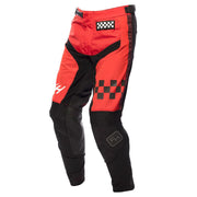 Red and black motocross pants with checkered detail and F4H logo patch