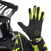 Black youth riding glove with neon green trim, perforated palm, and cuff logo