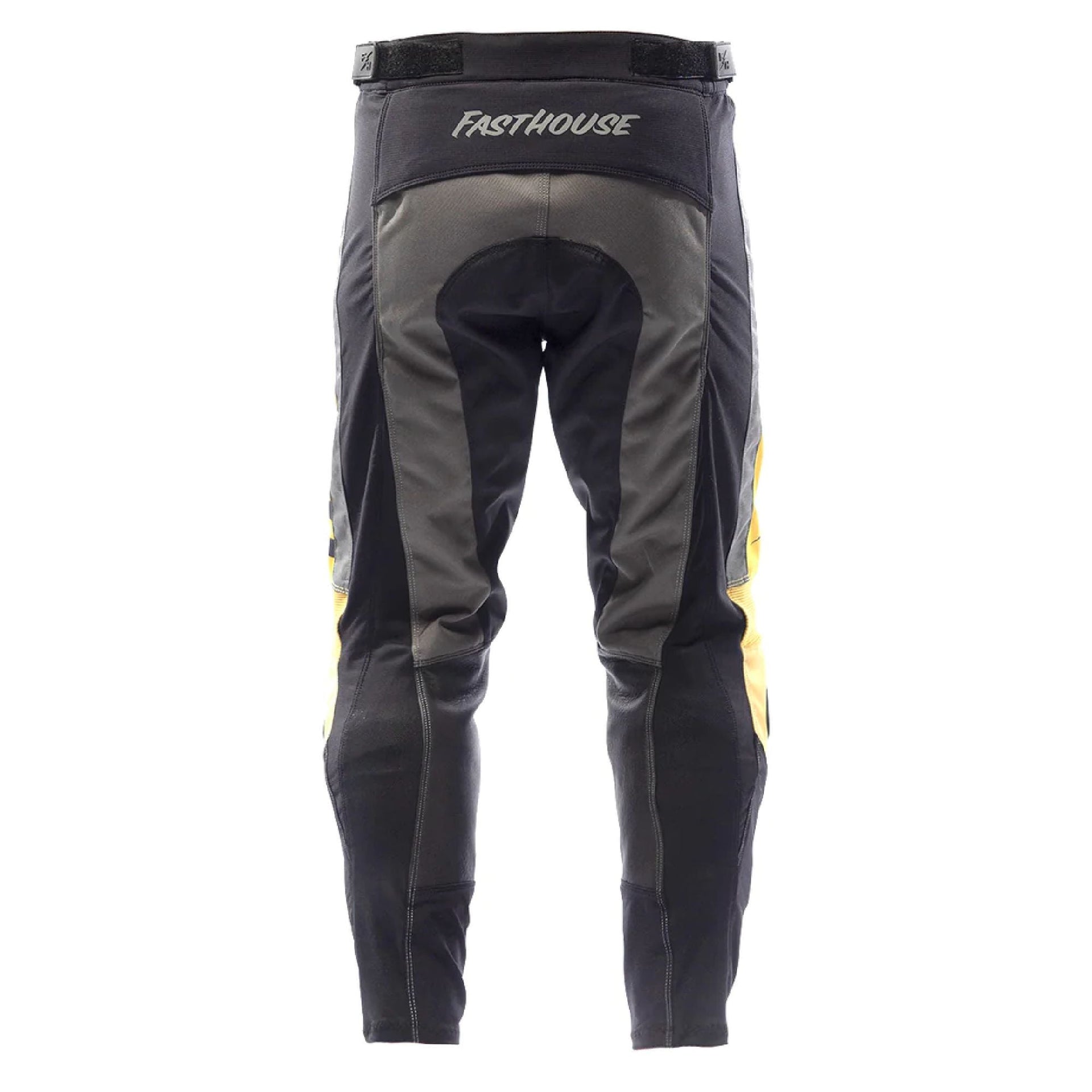 Riding pants back view in dark gray-black with vintage gold side panels