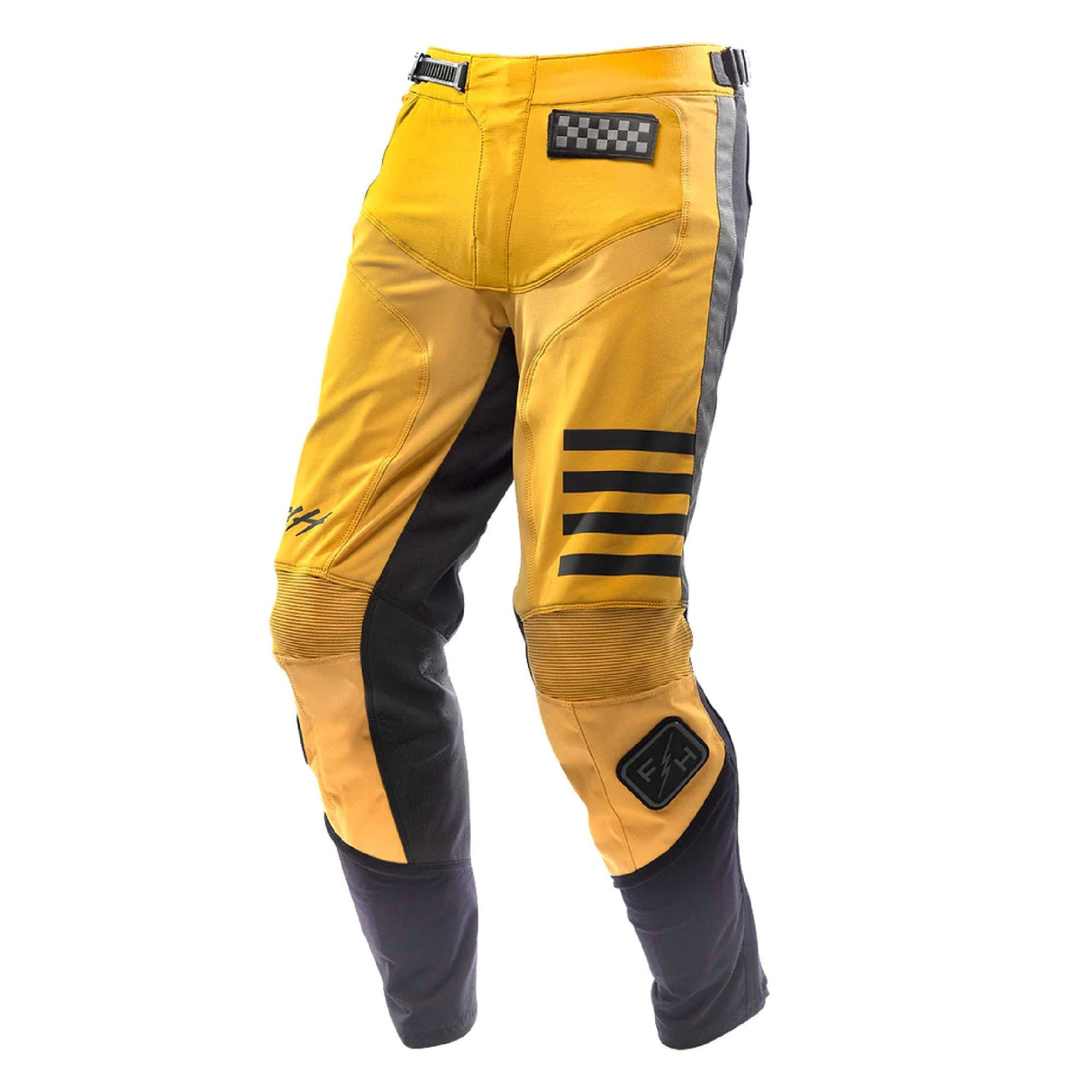 Moto riding pants in vintage gold with black panels and knee patches
