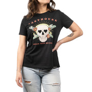 Women's black short-sleeve graphic tee with skull front design