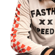 Cream long-sleeve jersey sleeve with red checker stripe and black cuff
