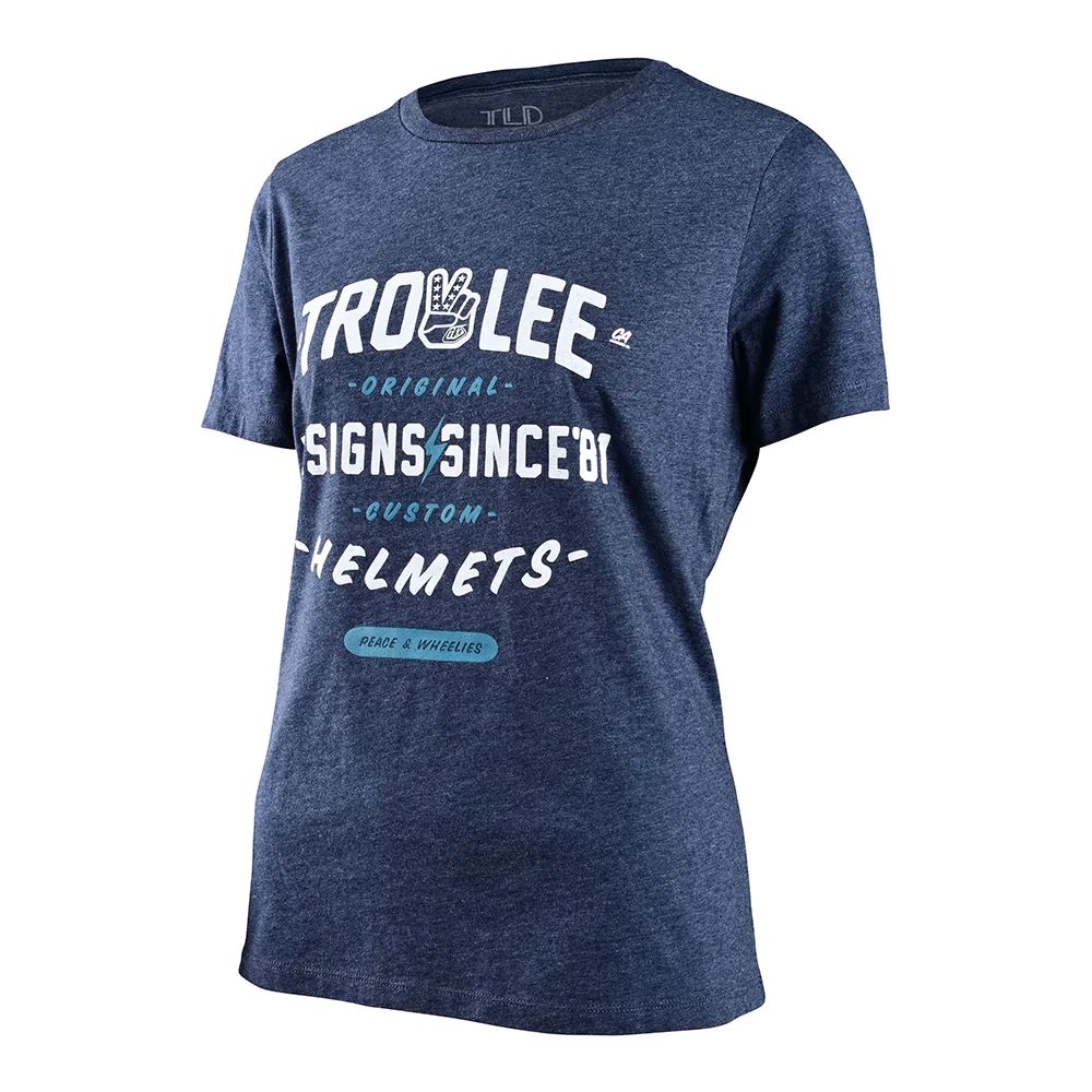 Women's short-sleeve graphic tee in deep blue heather, crew neck, TLD logo front