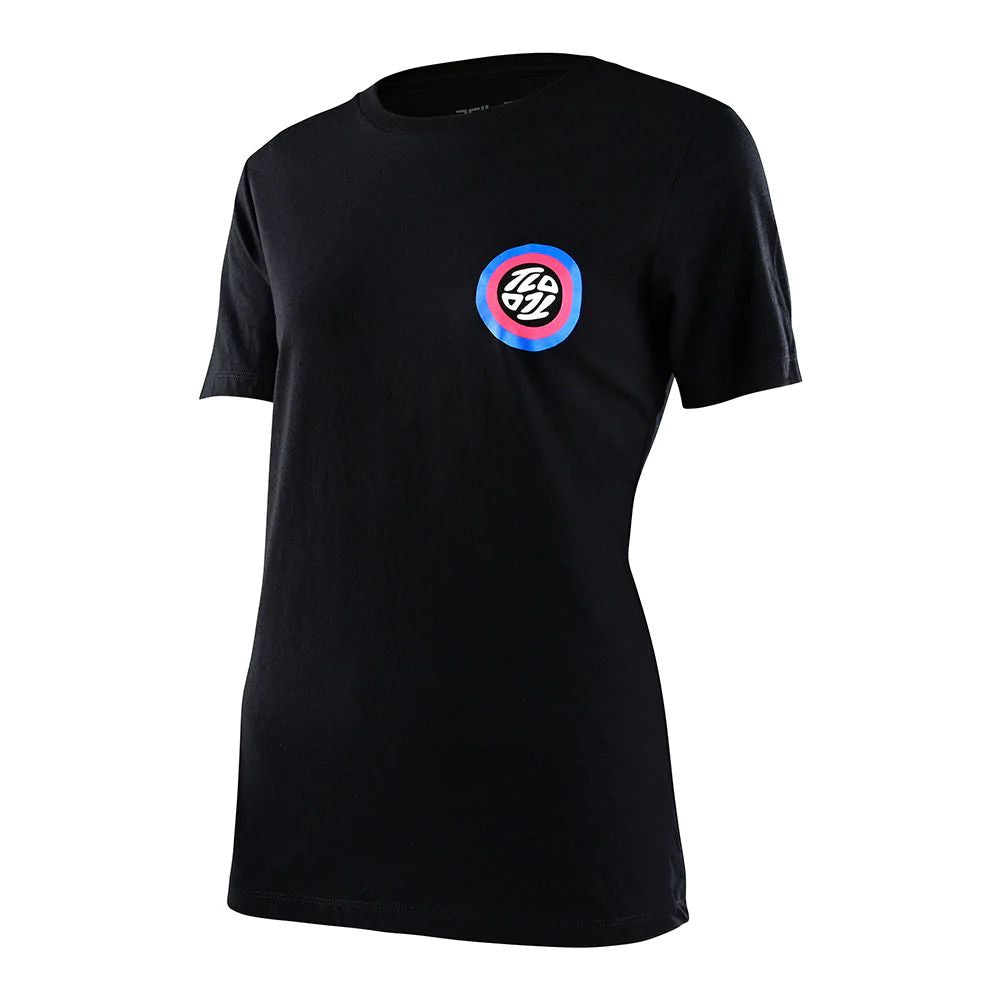 Women's short-sleeve T-shirt in black with circular TLD logo graphic