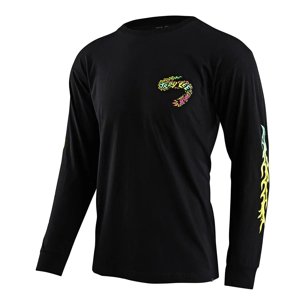 Men's black long-sleeve tee with colorful demon chest graphic and sleeve print