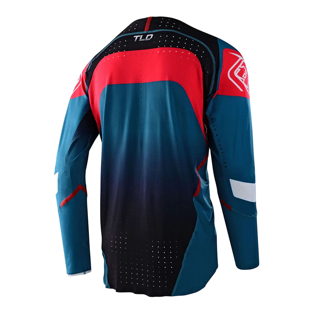 Men's blue/black/red motocross jersey, back view, long sleeves, TLD logo.