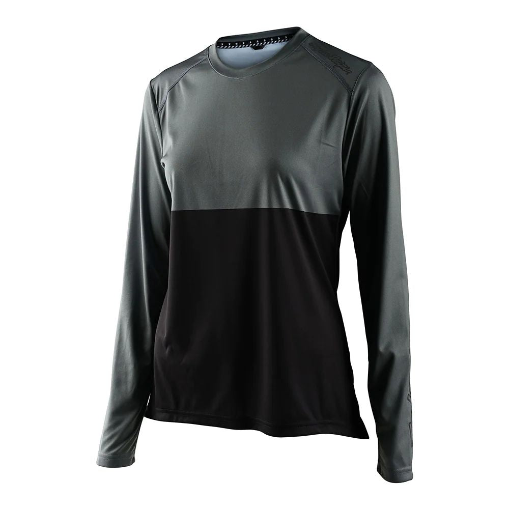 Women’s long-sleeve cycling jersey, gray and black color-block with crew neck