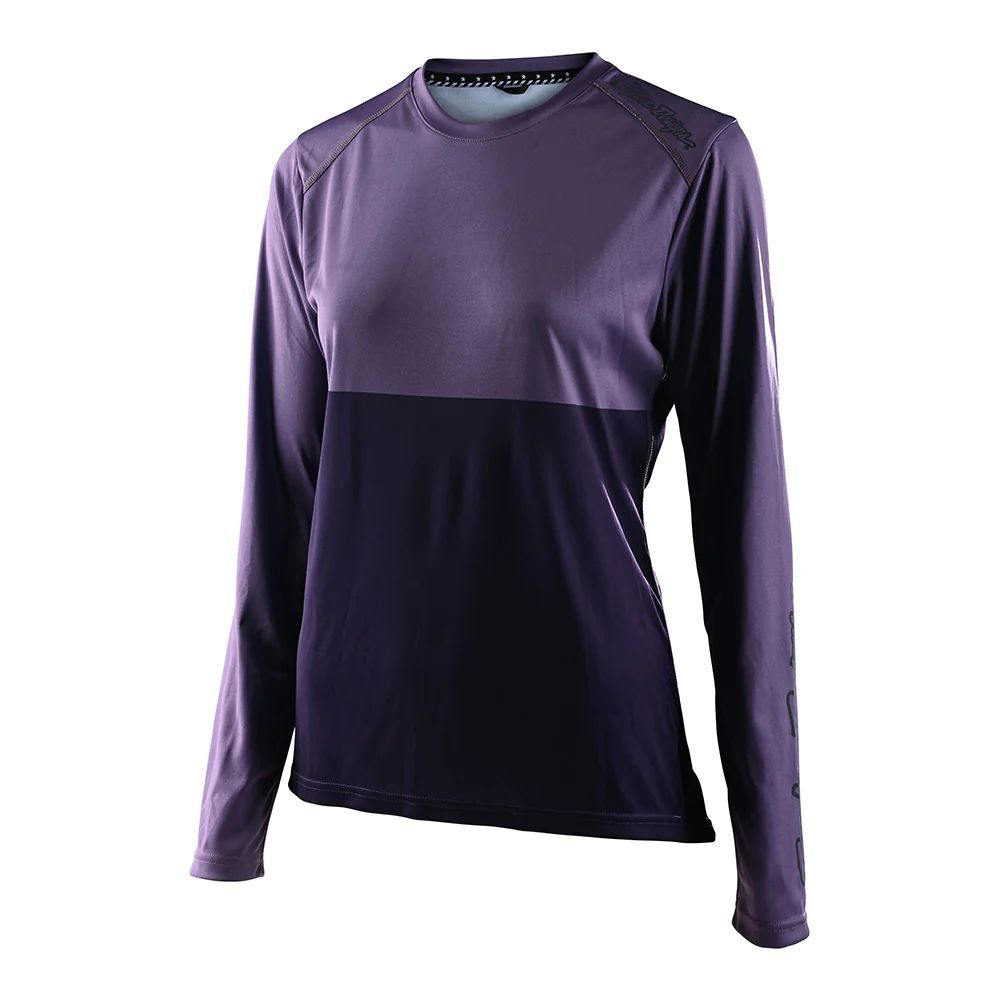 Women’s long-sleeve cycling jersey, purple and dark navy color-block, crew neck