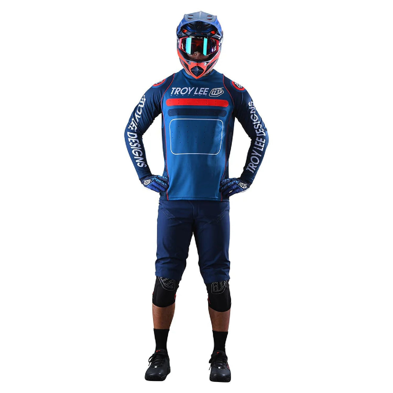 Blue motocross riding shorts with elastic waist and knee protection coverage