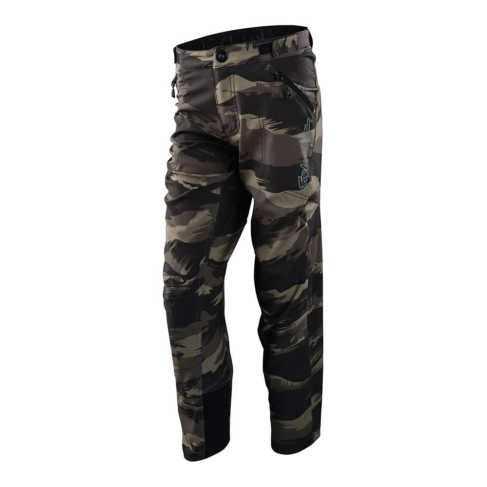 Youth camo cargo pants with brushed fabric, belt loops, button-and-zip front