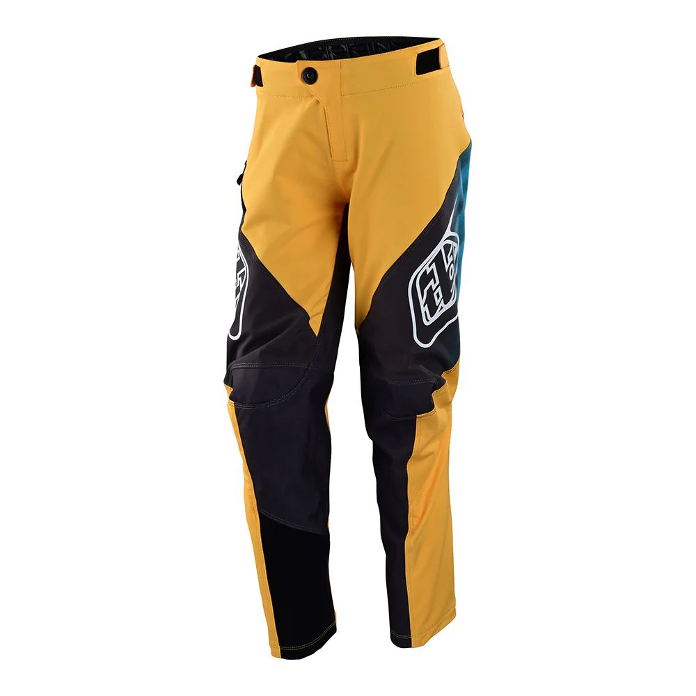 Youth sprint pants, golden and dark navy/black with logo patches