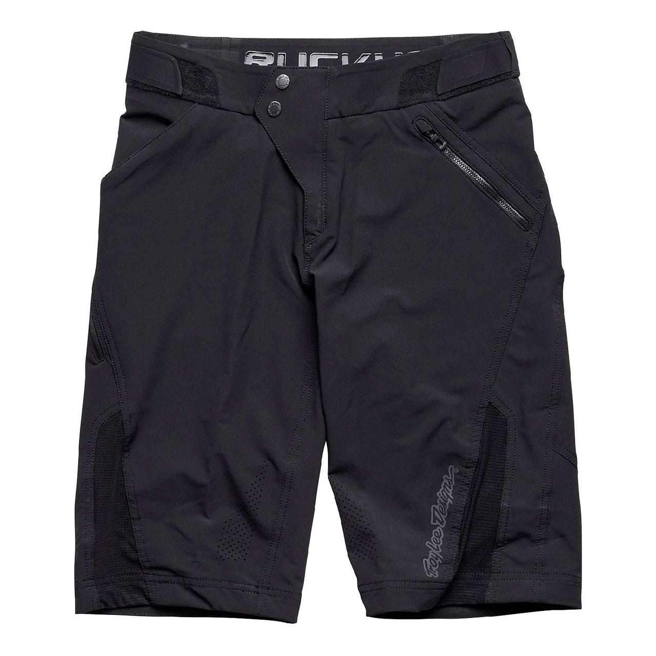 Black riding shorts with liner, zip side pocket and mesh panel detailing